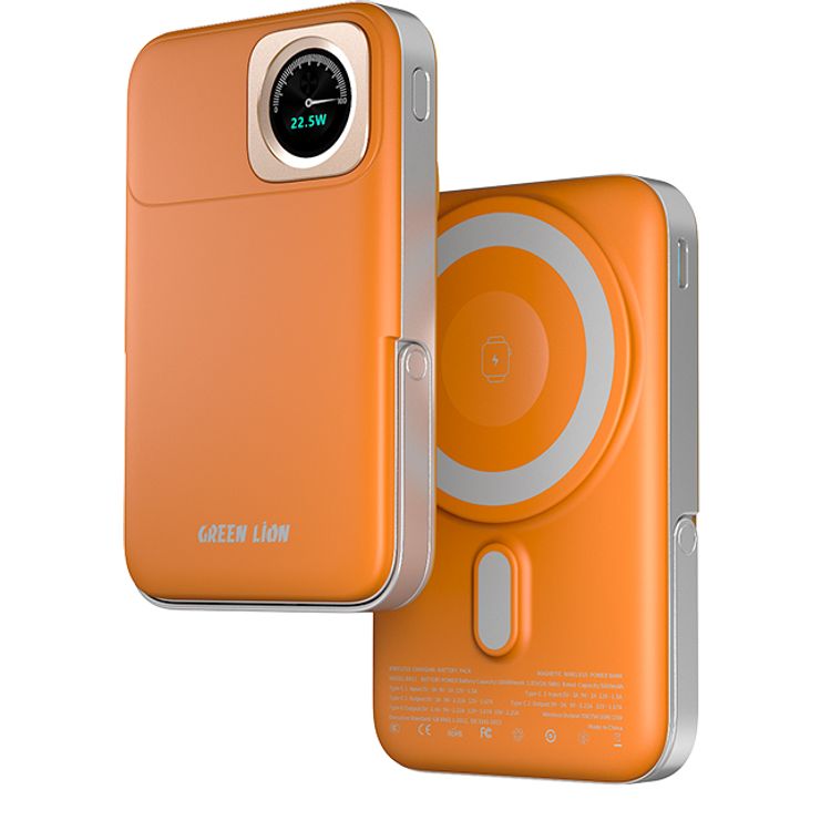 Green Lion Volt Gauge 10000mAh Power Bank PD 22.5W with iWatch Wireless Charging, MagSafe Compatible, Real-Time Power Display, Dual USB-C Ports, MagSafe Compatible, Flight Approved, Built-in Kickstand - Orange