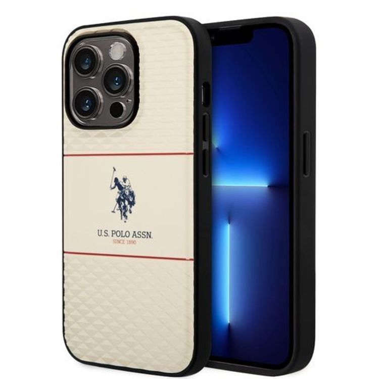 حافظة صلبة مخططة من US Polo لهاتف iPhone 14 Pro - البيج