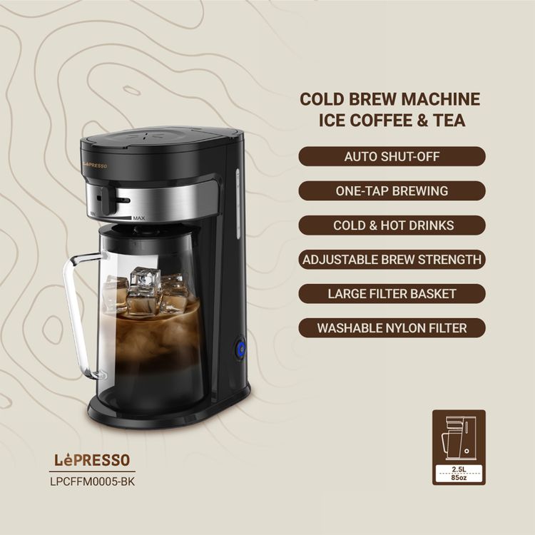 LePresso Cold Brew Machine for Iced Coffee & Tea Preparation, 2.5L Pitcher Capacity, Adjustable Brew Strength, 900mL Water Tank Capacity, Auto Shut-Off, One-Tap Brewing - Black