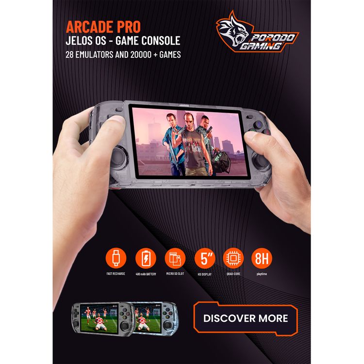 Porodo Gaming Arcade Pro Game Console, with More than 20,000 Games Installed, Up to 8 Hours of Playtime, 4000mAh Battery Capacity, 1280 × 720-pixel Resolution - Black