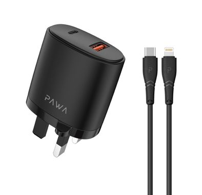 Pawa Solid Travel Charger Dual PD & QC Port With Type-C to Lightning Cable-Black