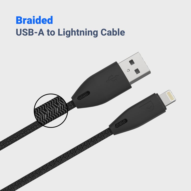  Powerology Braided USB-A to Lightning Cable - 1.2 meter / 4 feet - Black - 1.2M