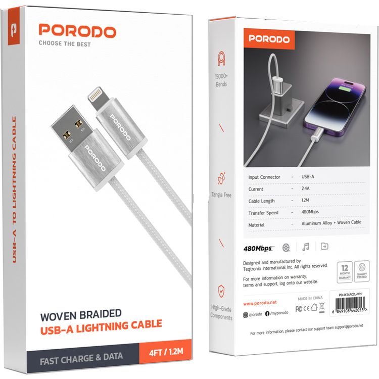 Porodo Woven Braided USB-A to Lightning Cable with Aluminum Alloy & Woven Material, 1.2m Cable Length, Data & Fast Charge Transmission - White