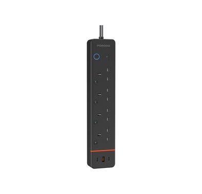 Porodo ChargeLink Smart Power Strip with 4 AC Sockets, USB-A & USB-C Ports, WiFi 2.4 GHz & Bluetooth Version 5.1 Connectivity, UK 3-Pin Plug, 1.8m Cord Length, Built-in Safety Features - Black