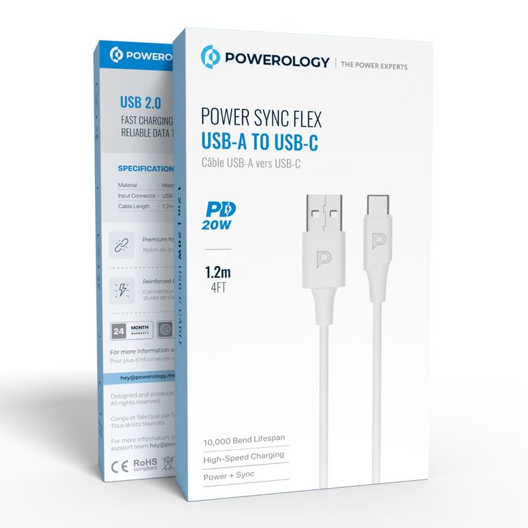 Powerology Power Sync Flex USB-A to USB-C Cable with 1.2m Length, 10000 Bends Lifespan, Fast Charge & Data Transfer, Molded TPE Material, 480Mbps Data Transfer Speed, 20W Power Delivery - White