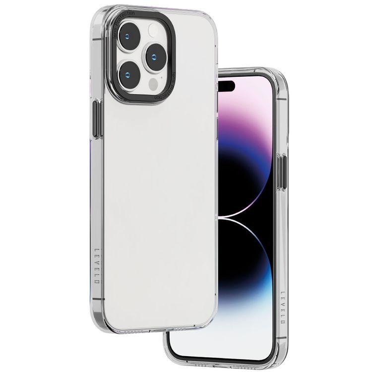 غطاء خلفي شفاف من Levelo Sensa لهاتف iPhone 14 Pro Max، حلقة كاميرا معدنية، حواف مقاومة للصدمات، شفاف للغاية، سهل التركيب - شفاف/رمادي