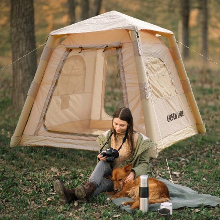 Green Lion GT-3X Inflatable Camping Tent with 2-3 Persons Capacity, Water Resistant, Dual Door Convenience, 1-2 Minutes Inflation Time, Ventilated Mesh, Wind Protection, Tear Resistant - Beige