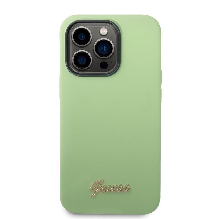 Guess Liquid Silicone Case With PC Camera Outline & Script Metal Logo - iPhone 14 Pro Max - Green