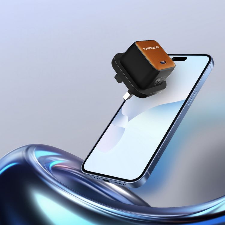 Powerology QX 45W Pocket-Sized GaN Adapter with Safety Protections, 1m USB-C to USB-C Cable Included, USB-C Port, Ultra-Compact Design, UK 3-Pin Plug, PD 45W - Black / Titanium Orange