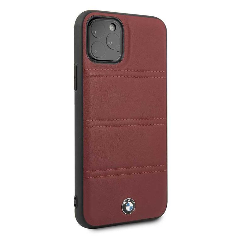BMW Hard Case Leather Horizontal Lines Compatible w/ iPhone 11 Pro, Complete Protection, Easy Access to All Ports, Raised Edge to Protect Camera - Burgundy