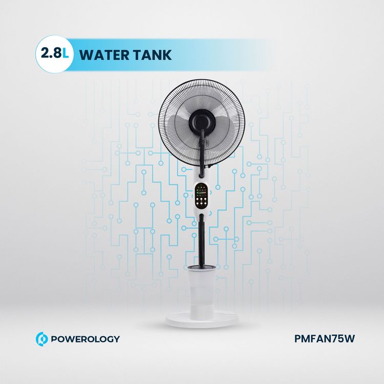 Powerology Tilt & Oscillating Fan Mist Spray & Humidifier, 2.8 L Water Tank Capacity, 3 Speed Settings - Black