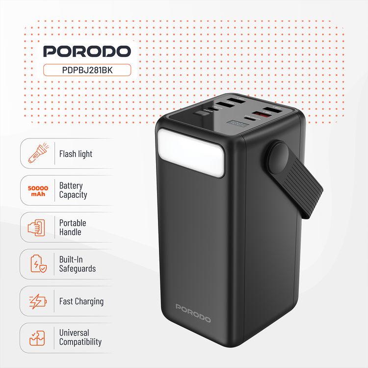 باور بانك بورودو لارا 50000 مللي أمبير/ساعة مع مصباح يدوي، مقبض محمول، PD 20 وات، شحن سريع، منفذين USB-A وUSB-C وMicro، 4 كابلات مدمجة، توافق عالمي - أسود