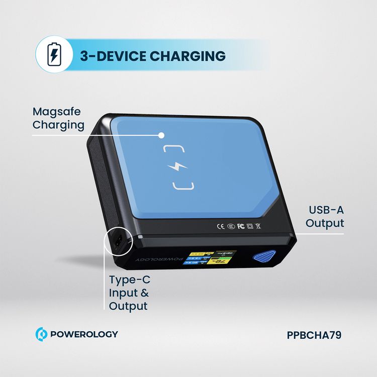 Powerology Ultra Mini 20000mAh Power Bank with Simultaneous Charging, Power Info Display, 100W Power Delivery, 15W Wireless Charging - Black