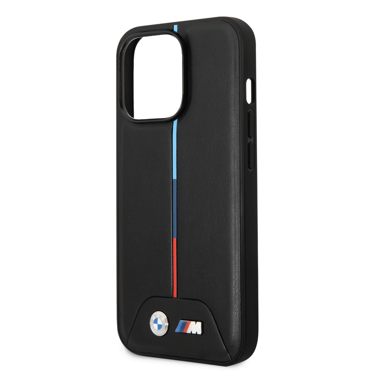 BMW M Collection Quilted PU Case with Hot Stamped Tricolor Stripe and Printed Logo iPhone 14 Pro Compatibility - Black