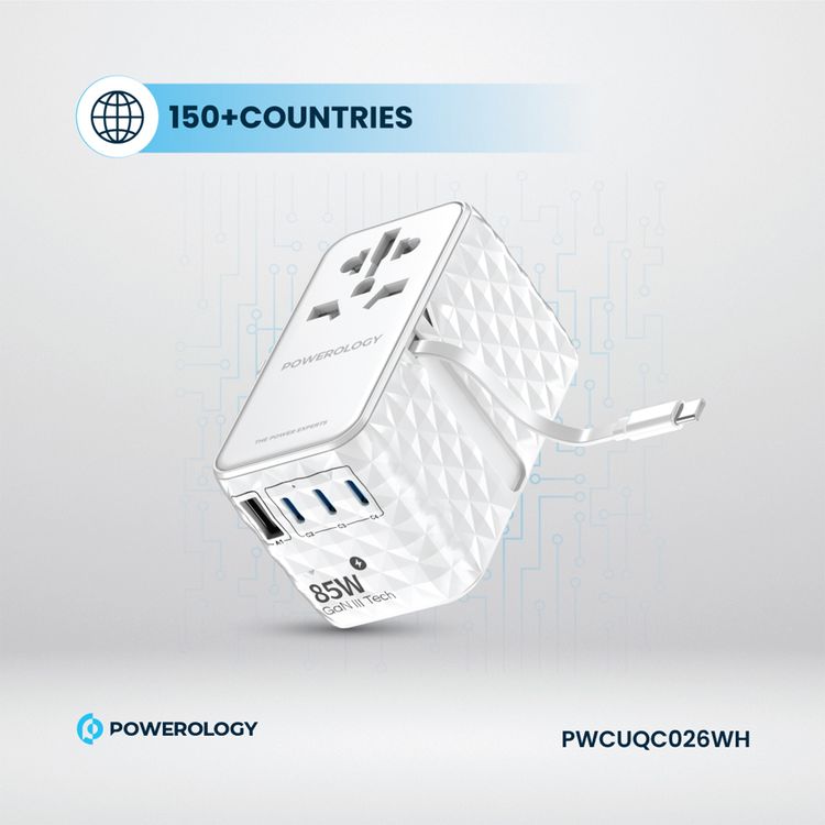 Powerology Universal 85W Super Charger with Retractable Type-C Cable, 70W Power Delivery, GaN Technology, Simultaneous Charging, Spare Fuse Included - White