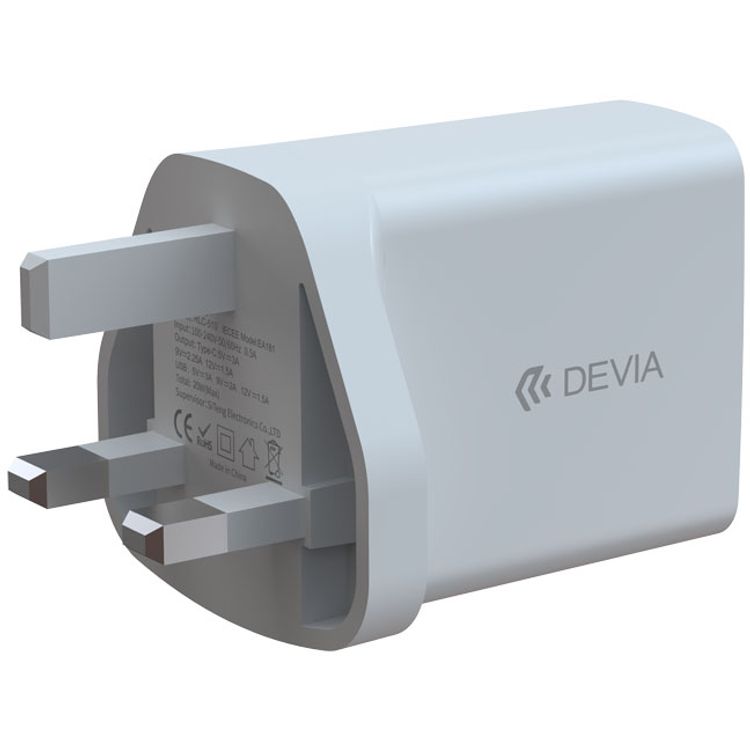 Devia Smart Series PD & QC Quick Charger UK 20W with Type-C to Lightning Cable 1M + USB to Type-C Cable 1M - White