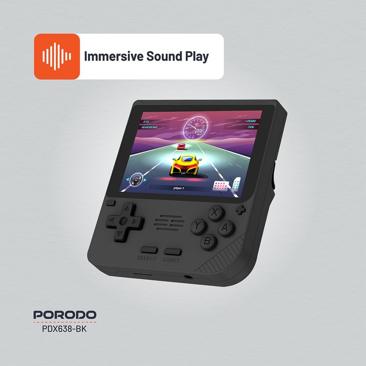 وحدة تحكم ألعاب Porodo Gaming Retro Arcade، محاكي ثلاثي الأبعاد، تصميم مريح، تشغيل صوتي غامر، شاشة IPS مقاس 3.5 بوصة، عمر بطارية 6 ساعات، بطارية 3000 مللي أمبير في الساعة - أسود