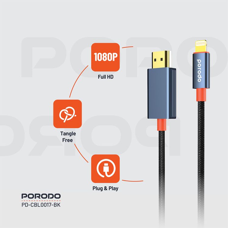 كابل بورودو المصنوع من سبائك الألومنيوم من لايتنينج إلى HDMI، بطول 2 متر، ودقة 1080 بكسل عالية الدقة، وتوصيل وتشغيل، وخالي من التشابك - أسود