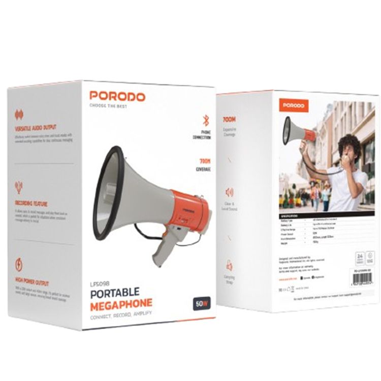 Porodo Portable Megaphone, High Power Output, Clear & Load Sound, Recording Feature - Orange