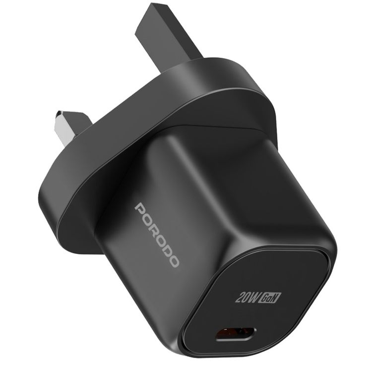 Porodo PD 20W USB-C Power Delivery GaN Wall Charger with USB-C to Lightning Cable, Over-Heat Protection, Universal Compatibility, Portable & Travel Friendly - Black