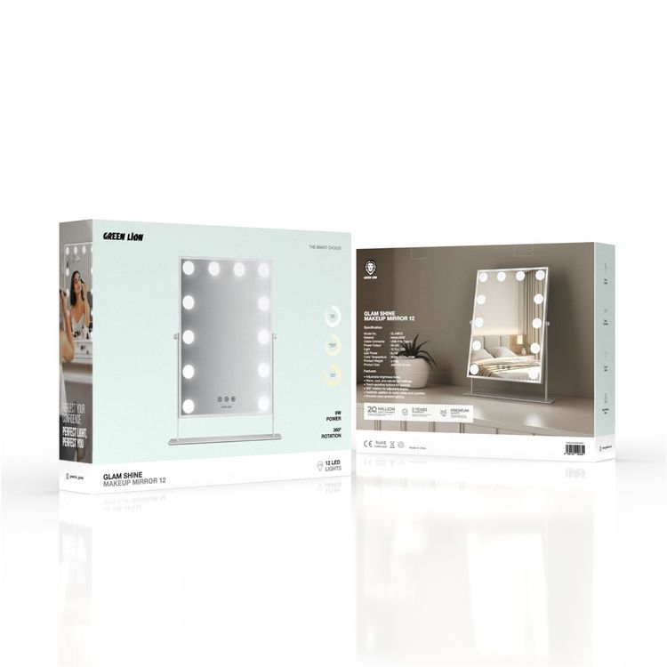 Green Lion Glam Shine Makeup Mirror with 12 LED Lights, 3 Color Modes, 6W Output Power, USB-A to Type-C Cable Connector, 360° Rotation, Touch Control - White 