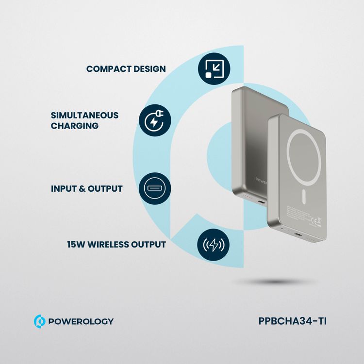 بنك الطاقة Powerology MagSafe من الألومنيوم بقدرة 10000 مللي أمبير في الساعة مع مؤشر لمستوى البطارية، تصميم خفيف الوزن وصغير الحجم، شحن سريع ومتزامن، مدخل ومخرج من النوع C، مخرج لاسلكي 15 وات - التيتانيوم