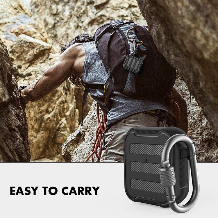 AhaStyle Rugged Armor Premium TPU Case with Anti-Lost Carabiner Compatible for AirPods 1/2, Hard-Shell Protective Cover, Scratch Resistant, Shock Absorption, Drop Protection, & Dustproof Protective Silicone Cover Supports Wireless Charging - Black