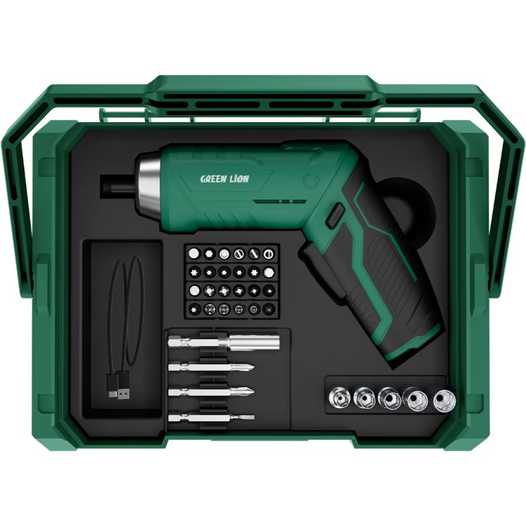 Green Lion GTS-700 Tool Kit Set with 213 Pieces, LED Working Light, 250 RPM No-Load Speed, Forward/Reverse Control, Adjustable Handle, Magnetic CR-V Bits, Stacking Storage Box, 90° Adjustable Handle, 1/4" Hex Chuck Quick-Release, Cordless Screwdriver & Tool Kit - Green