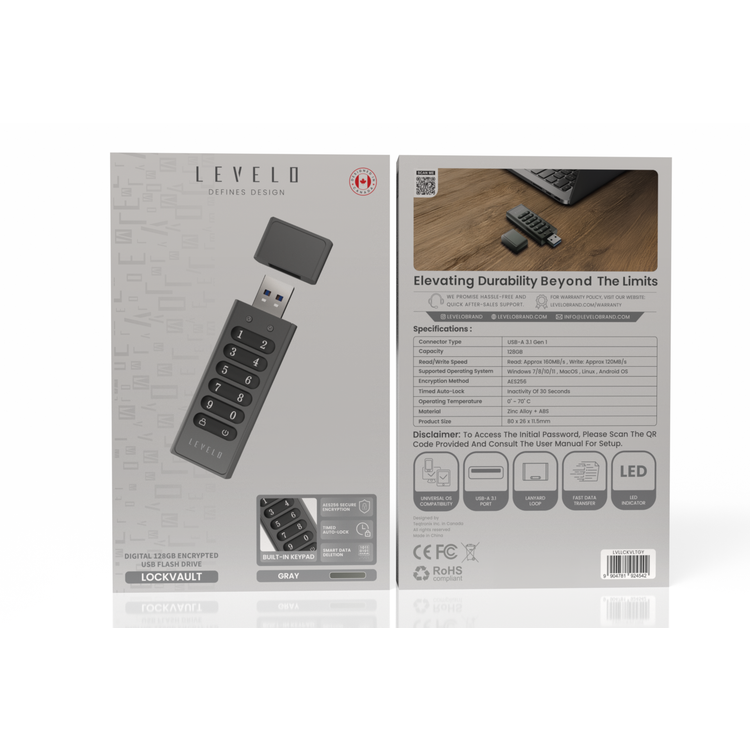 Levelo Lockvault Digital 128GB Encrypted USB Flash Drive with USB-A 3.1 Gen 1 Connector, 160MB/s Reading Speed, 120MB/s Writing Speed, AES256 Encryption Method - Gray