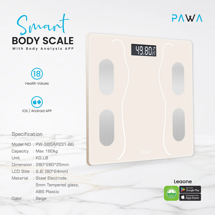 PAWA Smart Body Scale with Body Analysis iOS & Android App, 2.6" LCD Display, Kilogram & Pound Measurement Units, 2 x AAA Batteries, 180kg Maximum Weight Capacity - Beige