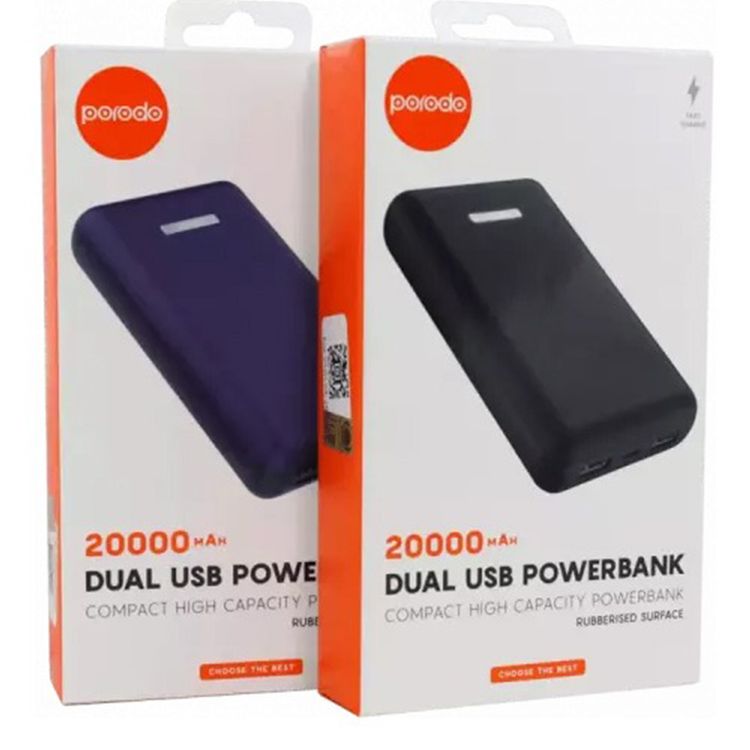 باور بانك ثنائي USB جامع من بورودو بسعة 20000 مللي أمبير في الساعة مع سطح مطاطي، تصميم نحيف مدمج، محمول، مؤشر LED، متوافق مع الهواتف الذكية - أزرق