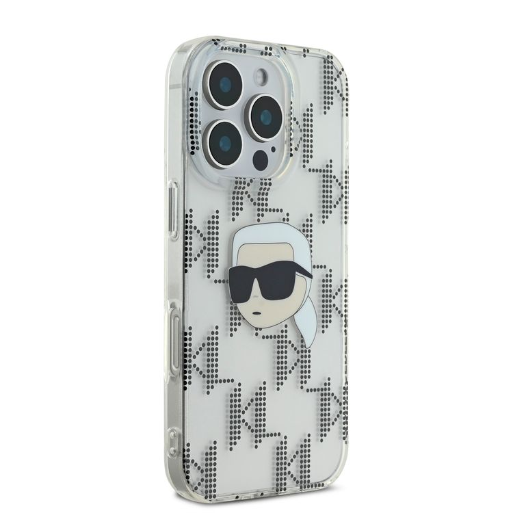جراب Karl Lagerfeld IML الصلب مع تصميم Karl Head &amp; Monogram مطلي بالكهرباء لهاتف iPhone 16 Pro - شفاف