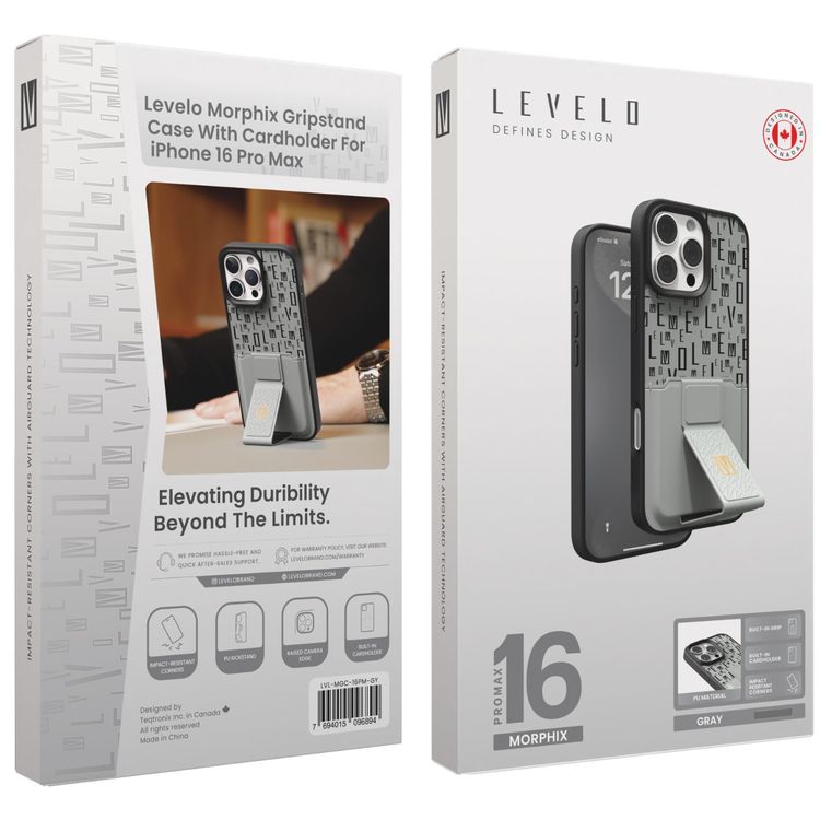 حافظة Levelo Morphix Gripstand مع حامل بطاقات لهاتف iPhone 16 Pro Max، حامل بطاقات مدمج، زوايا مقاومة للصدمات، ملمس نحيف بدون غطاء، حافة كاميرا مرتفعة، مادة فائقة المتانة - رمادي