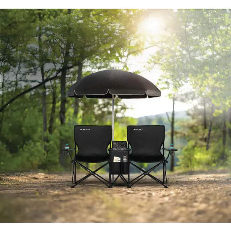 Porodo Dual Camping Chair with Detachable Sun Umbrella, ×2 120KG Max Load, Strong Steel X Frame, Cup Holder, Ice Pouch & Extra Storage, 12L Capacity, Double Foldable Chairs, Ideal for Camping, Tailgating, Beach etc. - Black