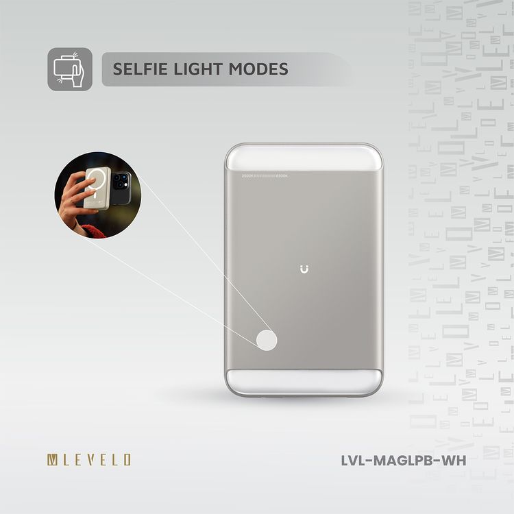 Levelo MagLight Portable Power Bank 8000mAh woth Rear & Selfie Fill Light, 20W Power Delivery, 3 Light Modes, Fast Charging Support, 15W Wireless Charging - Black 