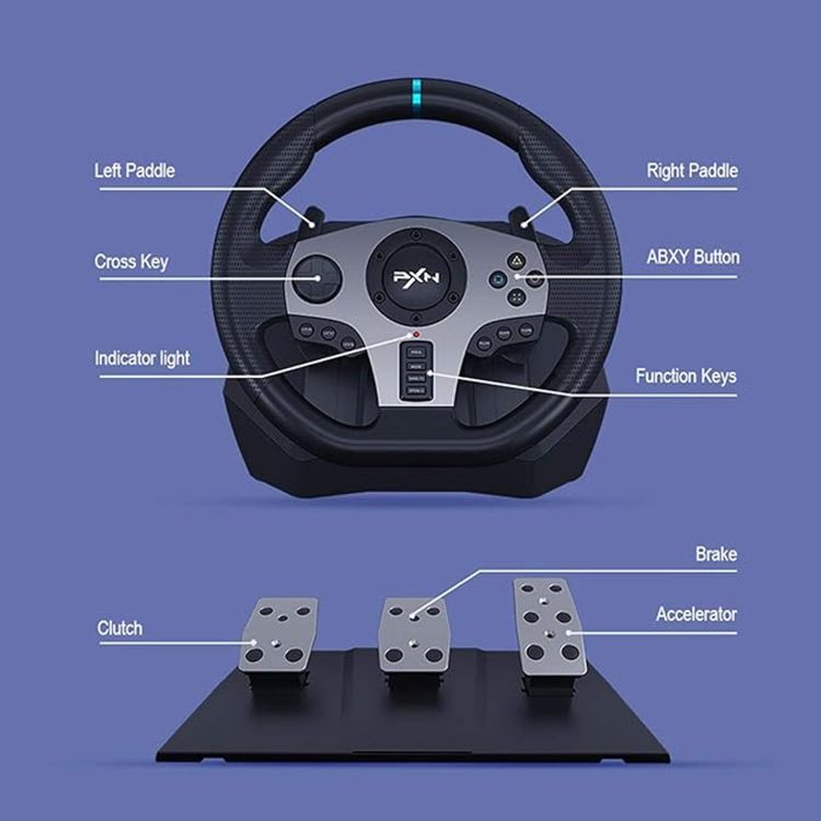 PXN V9 PC Racing Wheel, 270/900° Game Steering Wheel Dual-Motor Feedback Driving with Pedals and Joystick Steering Wheel for PC/Xbox /Xbox One/PS3/PS4/PC/Xbox One/N-Switch