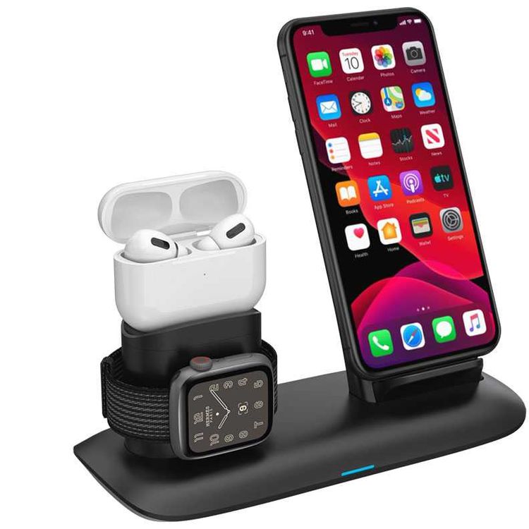 Porodo 4-in-1 Charging Hub, Wireless Charging Station, Fast Wireless Charger Compatible for Airpods 1/2/3 and Airpods Pro - Black