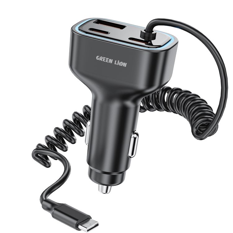 Green Lion 90W Car Charger with Dual PD, 1.2m Built-in USB-C Cable, 45W PD in 30 Minutes, QC 30W USB-A, On-the-Go Convenience, Simultaneous Charging, Soft Ambient LED, Safety Protection, 2-USB-C Ports - Gray