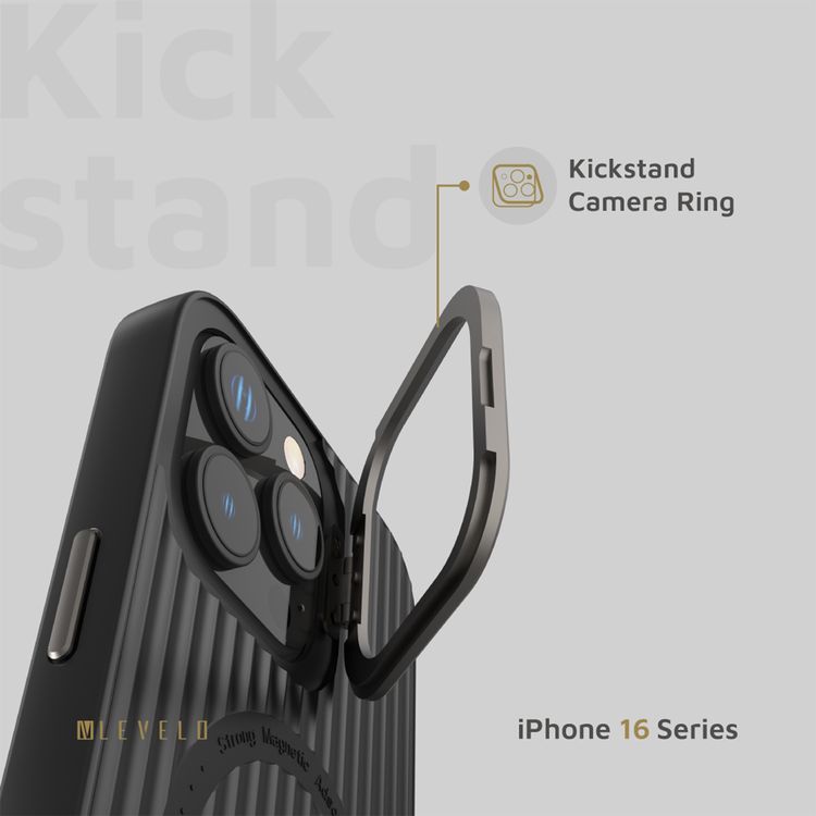 Levelo Livia Case for iPhone 16 Pro Max with MagSafe Compatibility, Impact-Resistant Corners, Built-in Kickstand, TPU with Silicone Surface, Metal Camera Ring - Black