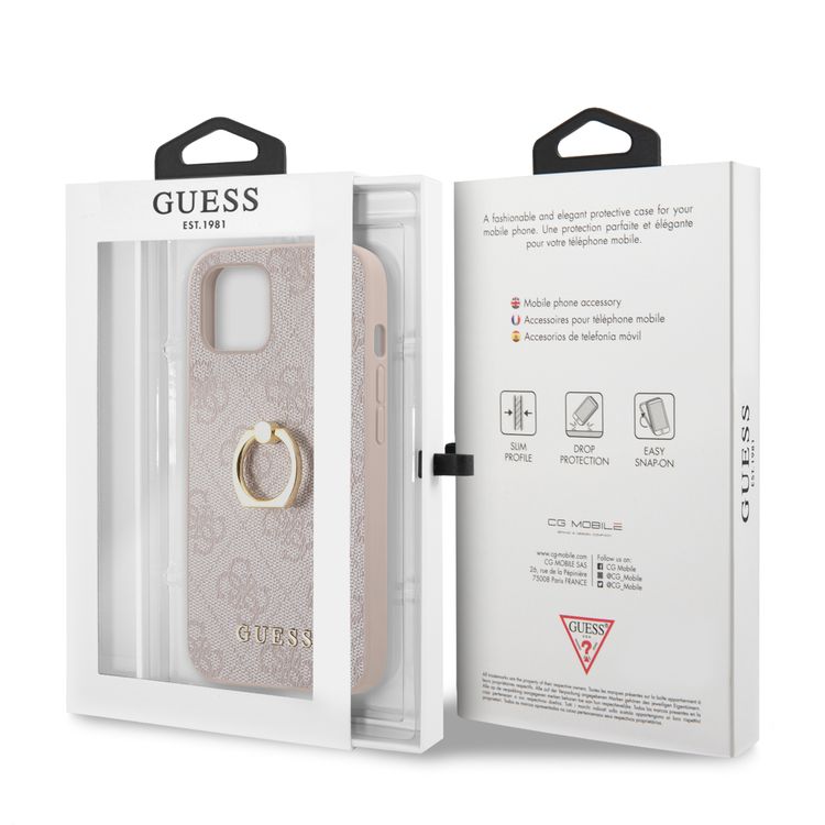 CG MOBILE Guess PU Leather 4G Case with 360° Rotating Ring Grip Holder Stand Compatible for iPhone 13 (6.1") Suitable with Wireless Charging Officially Licensed - Pink