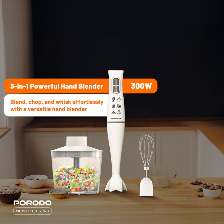 خلاط يدوي قوي من بورودو لايف ستايل، مفرمة طعام وخفاقة مع سعة وعاء 500 مل، مستويان للسرعة، قوة 300 واط، شفرات عالية الأداء، تصميم مقاوم للرذاذ - أبيض