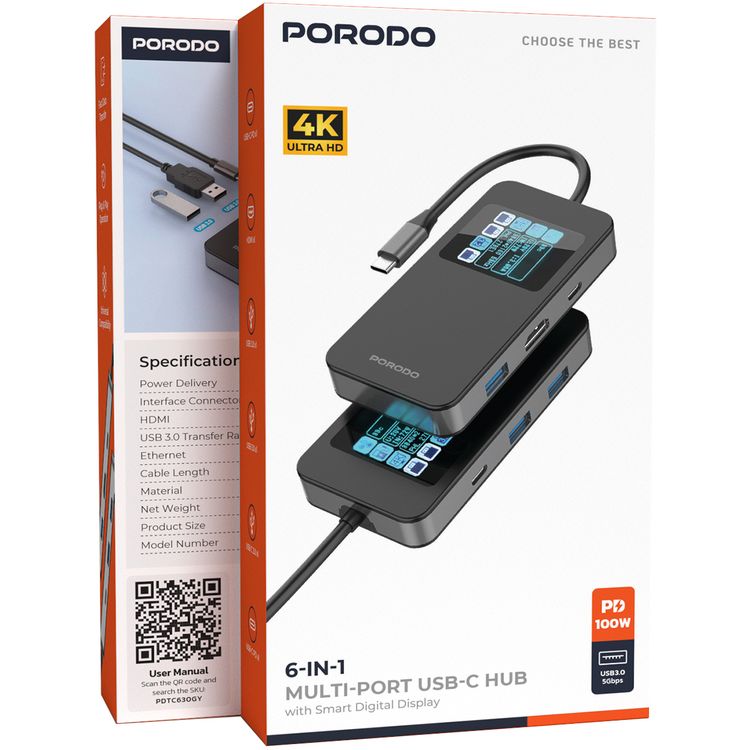 Porodo 6-in-1 Multi-Port USB-C Hub with Smart Digital Display, 150mm Cable Length, 4K@60Hz HDMI Output, 100W Power Delivery, High-Speed Data Transfer, Plug & Play Operation - Gray