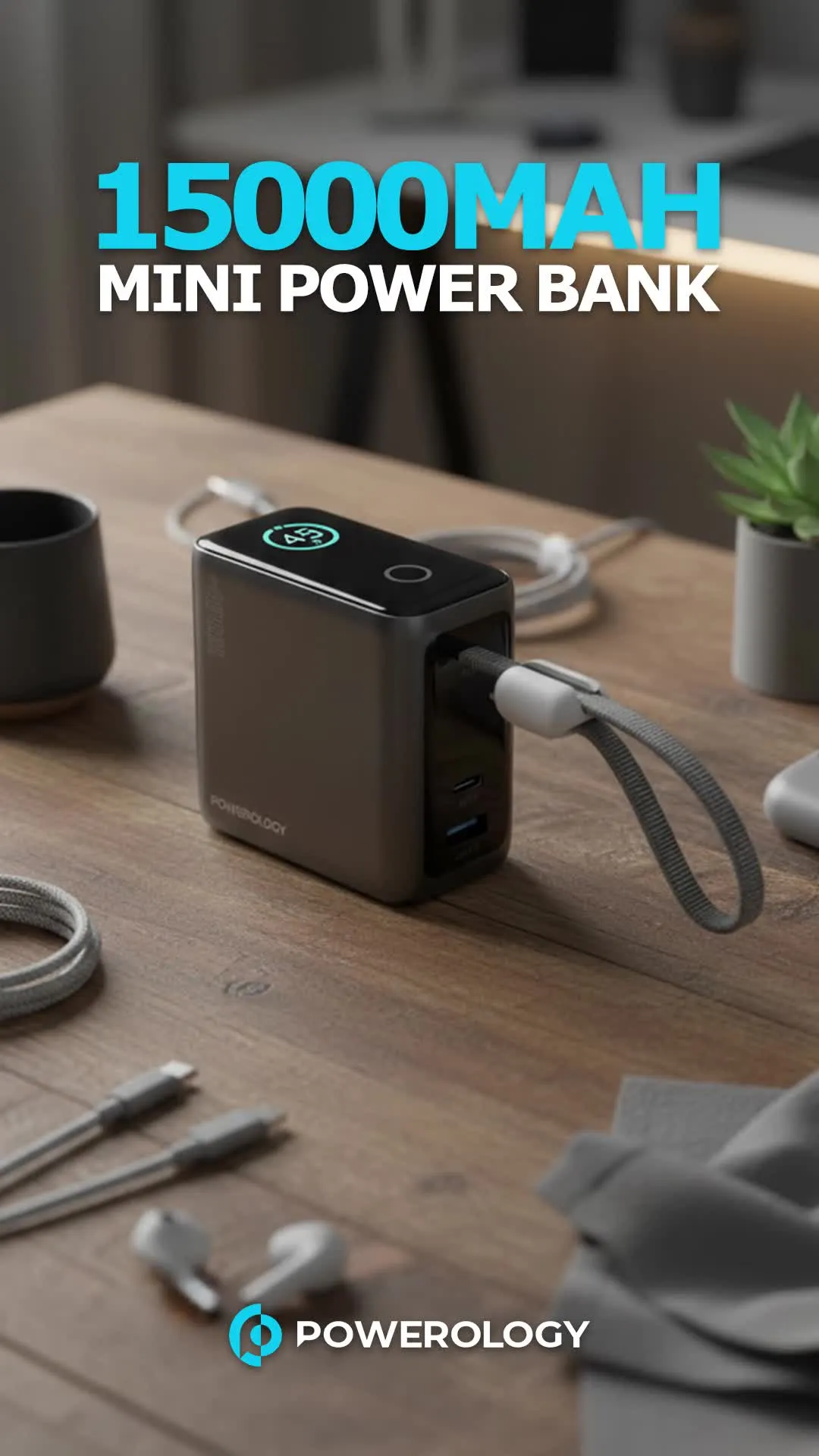 Powerology 15000mAh Mini Power Bank with Multiple Charging Ports, Universal Compatibility, Advanced Safety Features, Smart TFT Display, Built-in USB-C Cable