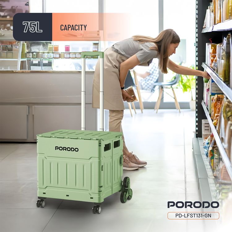 عربة بوروودو لايف ستايل القابلة للطي بتصميم ذكي، سعة 75 لتر، طول مقبض بمستويين، 8 عجلات، مقبض فولاذي - اللون الأخضر