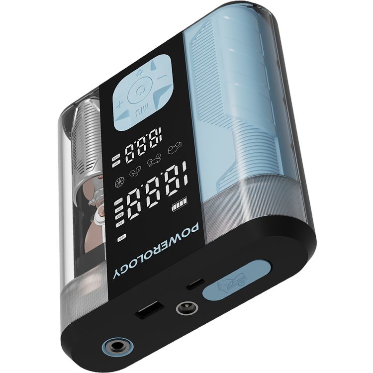 Powerology 3 in 1 Jump Starter & Tire Inflator with Digital Pressure Display, Fast PD Charging, Auto-Stop Inflation, 3-In-1 Power Utility, Smart Inflation System, 0.01-Bar Precision, 12000mAh Battery Capacity - Black/Blue