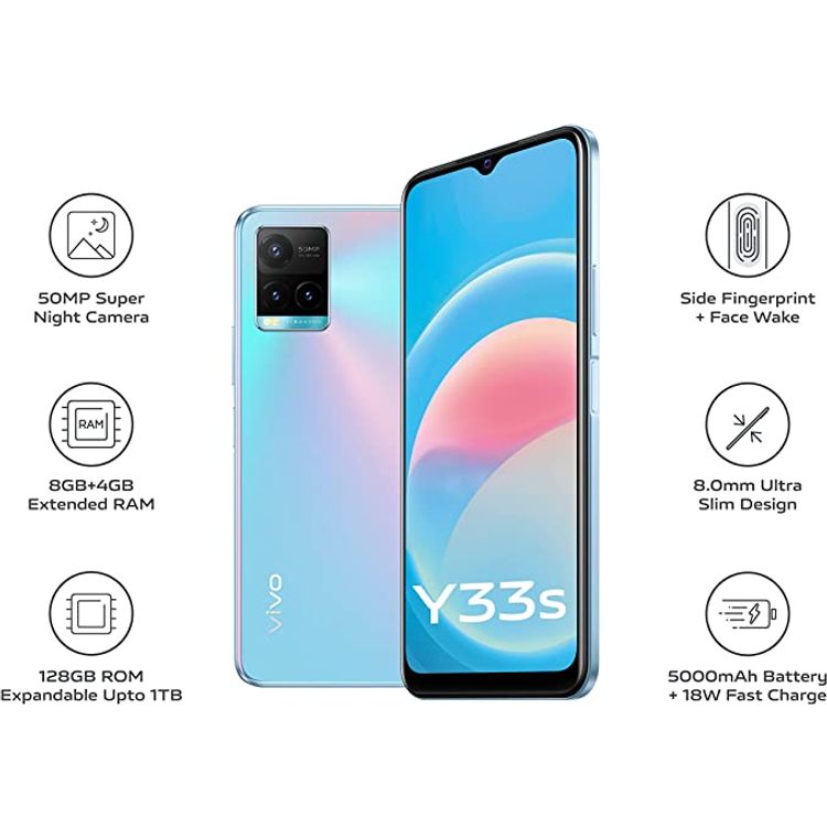 هاتف Vivo Y33s ثنائي الشريحة ، ذاكرة وصول عشوائي (RAM) سعة 8 جيجابايت ، وذاكرة وصول عشوائي (RAM) سعة 128 جيجابايت بتقنية 4G LTE Midday Dream