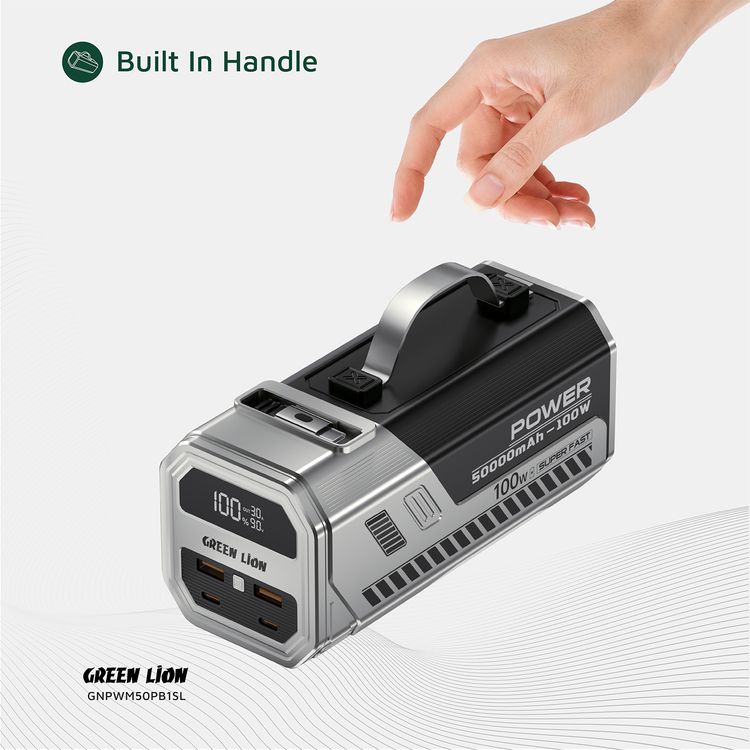 Green Lion Power Max 100W 50000mAh Power Bank with Built-in 1.5m Retractable Cable, 2× USB-A, 2× USB-C Ports, Digital Display, LED Flash Light - Silver