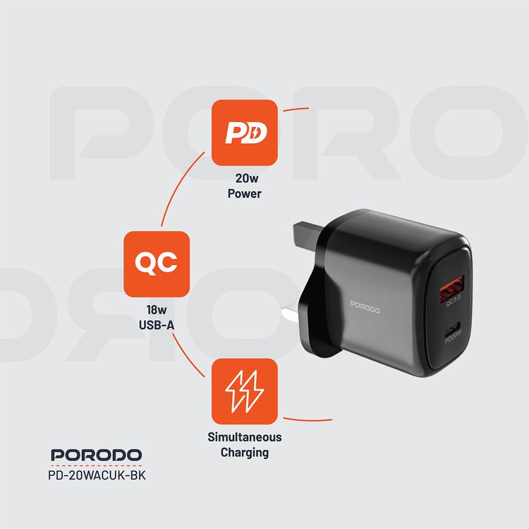 Porodo Dual Output Quick Charger with 20W Power Delivery, QC 18W, UK 3-Pin Plug, Simultaneous Charging, Universal Compatibility - Black