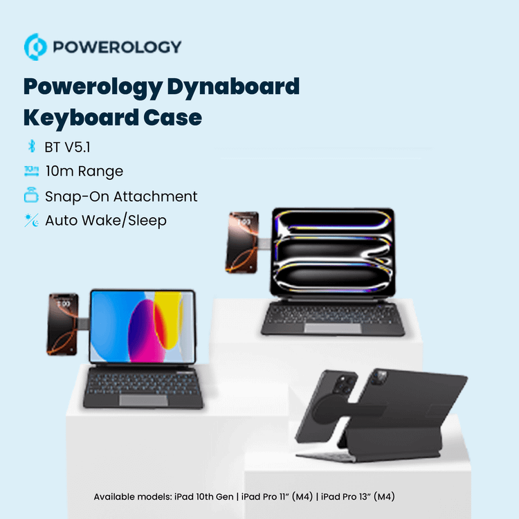 حافظة لوحة مفاتيح لاسلكية من باورولوجي داينا بورد لجهاز آيباد برو 13 بوصة (M4)، حامل هاتف ماج سيف، لوحة لمس، مفاتيح وسائط متعددة، سعة بطارية 500 مللي أمبير/ساعة، وقت عمل 8 أيام، وقت شحن 2.5 ساعة، سهولة الوصول إلى القلم، بلوتوث الإصدار 5.1، نطاق نقل 10 أمتار، ملحق سريع التركيب - أسود