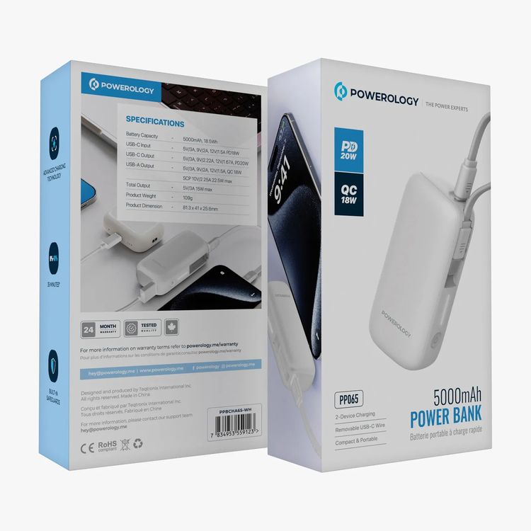 بنك طاقة Powerology بسعة 5000 مللي أمبير في الساعة مع سلك USB-C قابل للإزالة، وتقنية شحن متقدمة، وشحن لجهازين، وصغير الحجم وقابل للحمل، مع حماية مدمجة، وتوصيل طاقة بقوة 20 وات - أبيض